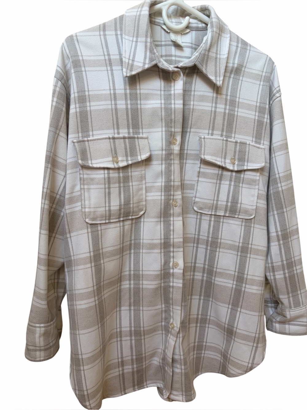 H&M flannel button up medium plaid neutral colors rounded hem EUC